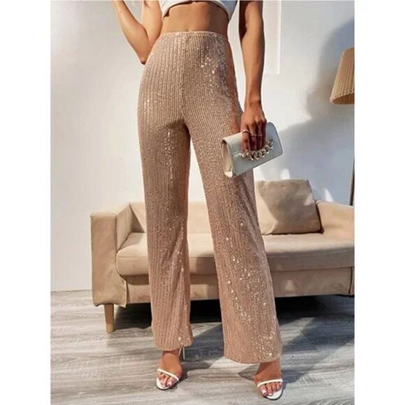 Champagne Gold Sequin High Waist Elastic Flare Bell Bottom Palazzo Trouser Pants - Picture 2 of 8
